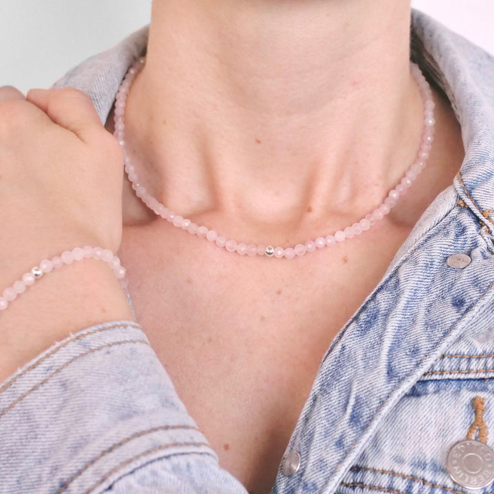 Rose Quartz Natural Stone Pearl Necklace with Clasp (Quartzite, Color Treated)