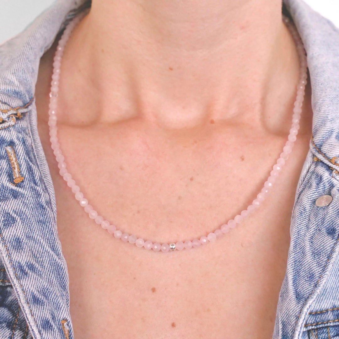 Rose Quartz Natural Stone Pearl Necklace with Clasp (Quartzite, Color Treated)