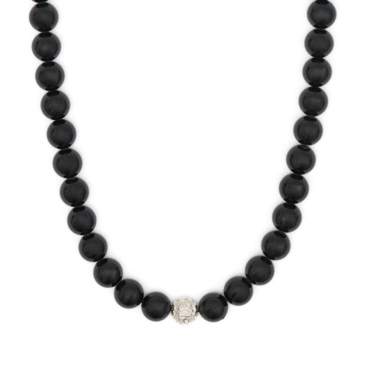 Obsidian Natural Stone Necklace with Mantra Silver Pearl