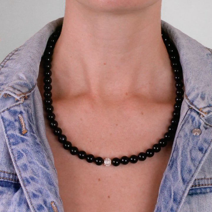 Onyx Natural Stone Necklace with Mantra Silver Pearl