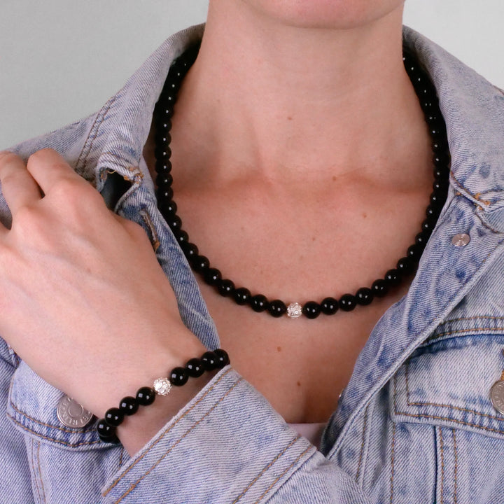 Obsidian Natural Stone Necklace with Mantra Silver Pearl