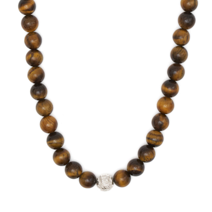 Tiger Eye Natural Stone Necklace with Mantra Silver Pearl