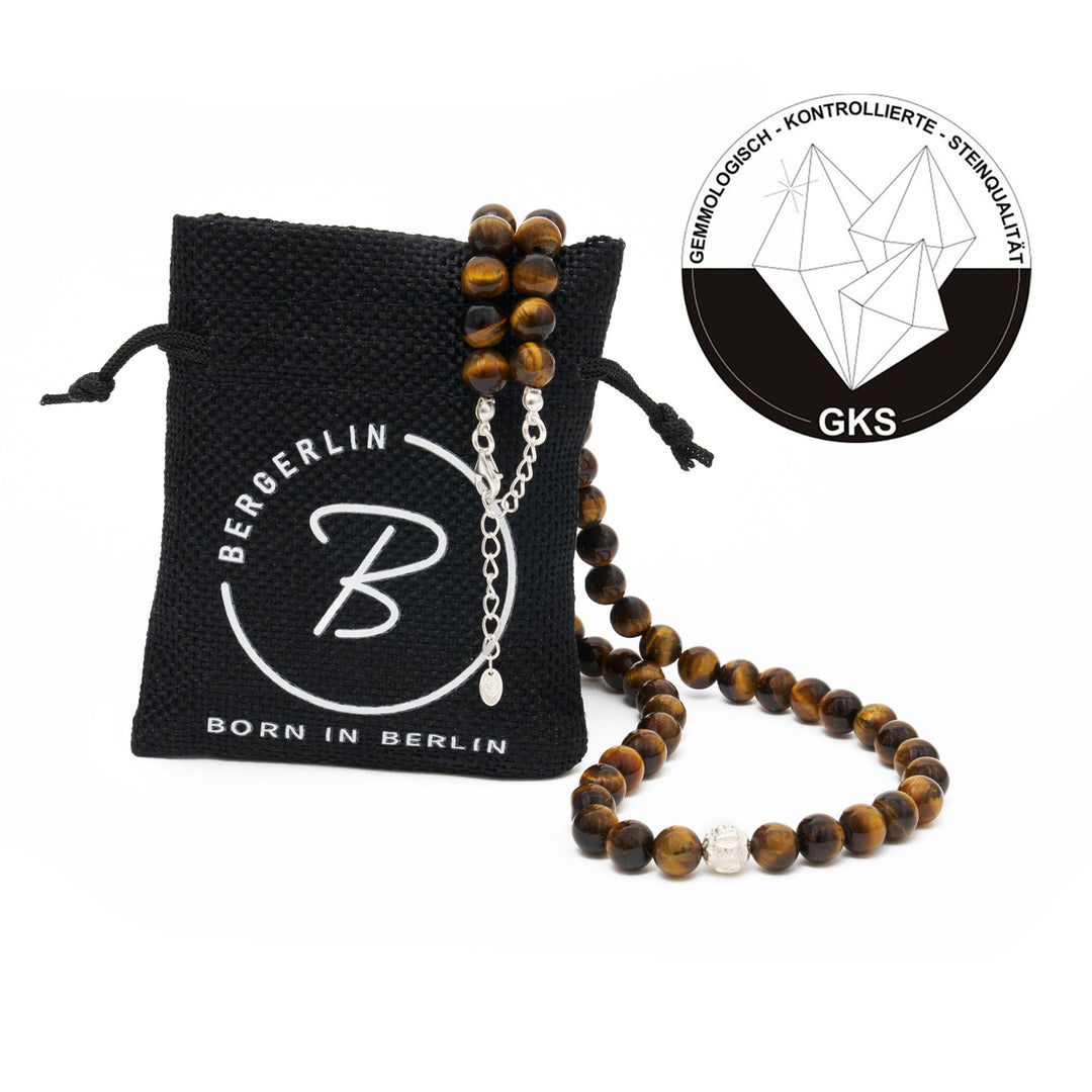 Tiger Eye Natural Stone Necklace with Mantra Silver Pearl