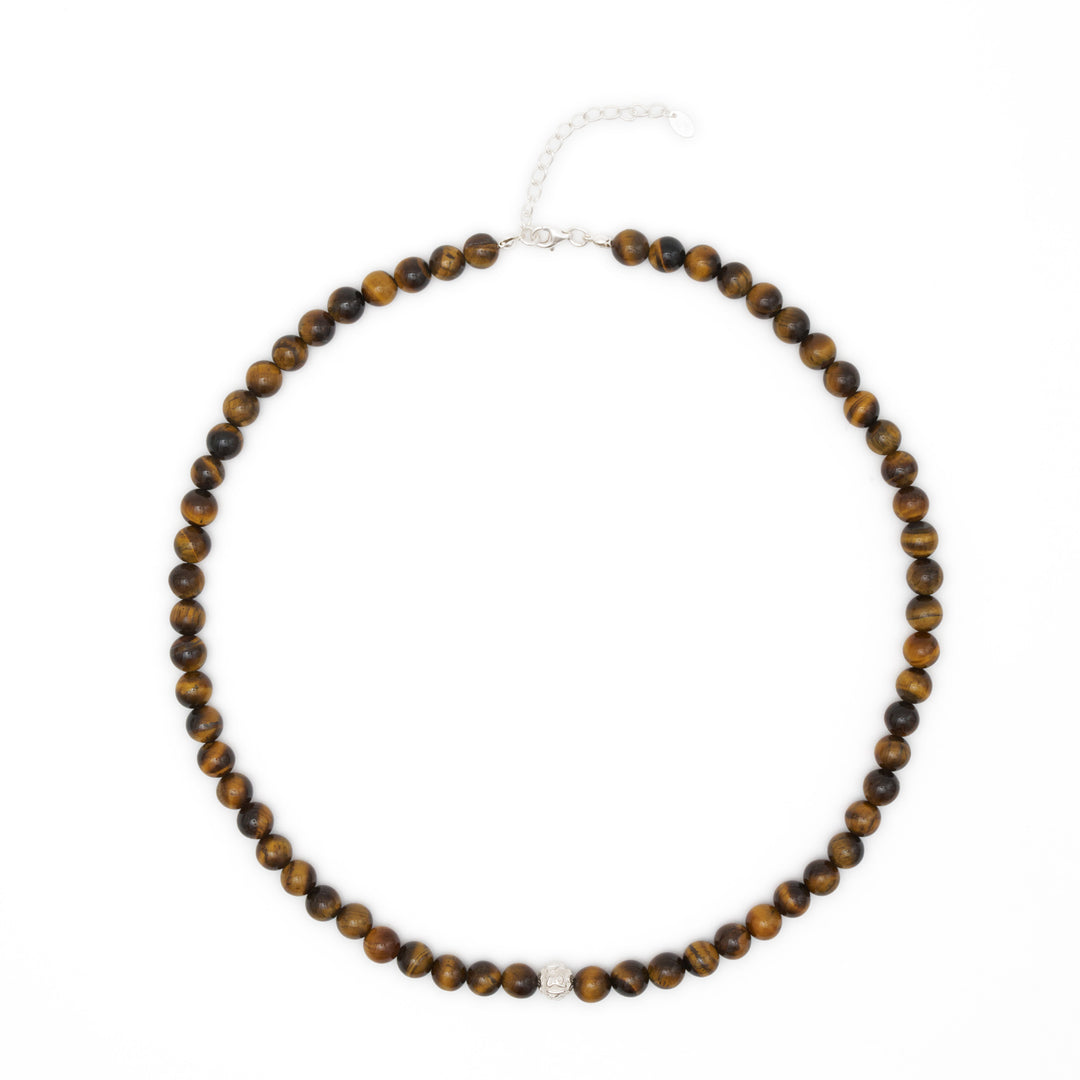 Tiger Eye Natural Stone Necklace with Mantra Silver Pearl