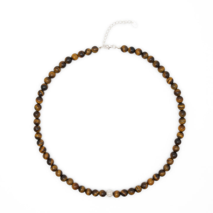 Tiger Eye Natural Stone Necklace with Mantra Silver Pearl