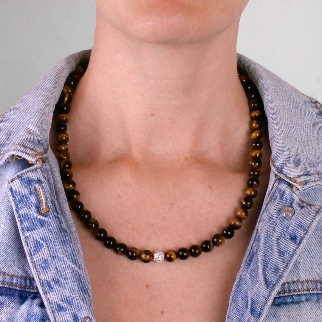 Tiger Eye Natural Stone Necklace with Mantra Silver Pearl