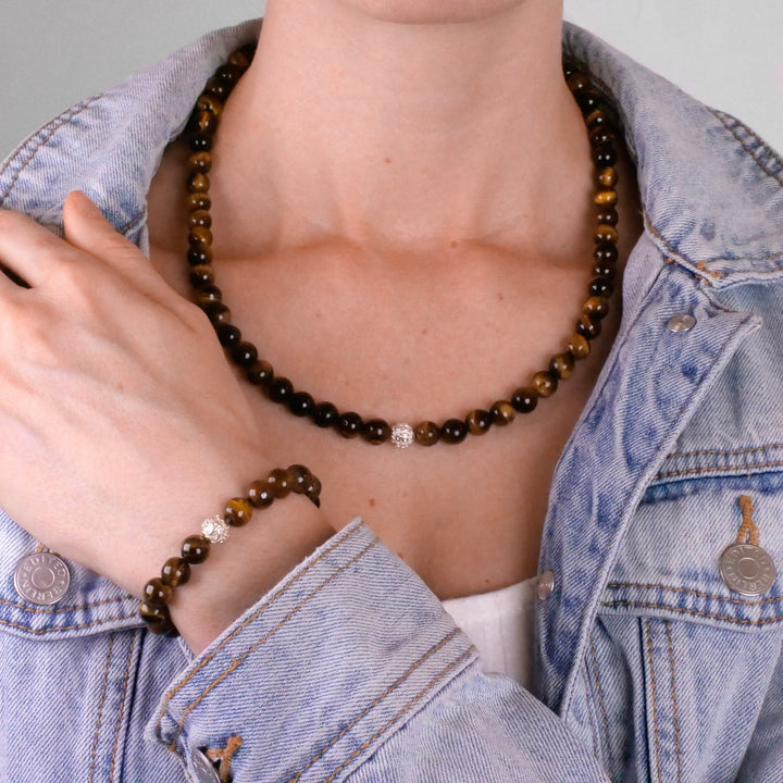 Tiger Eye Natural Stone Necklace with Mantra Silver Pearl