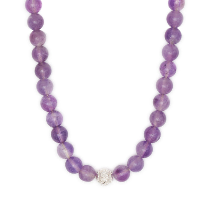 Amethyst Natural Stone Necklace with Mantra Silver Pearl