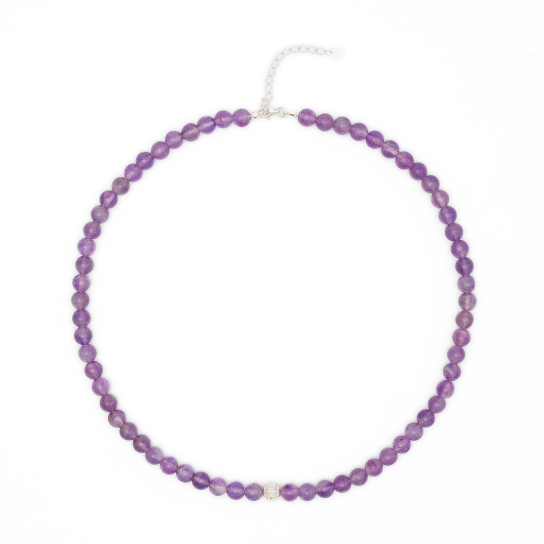 Amethyst Natural Stone Necklace with Mantra Silver Pearl