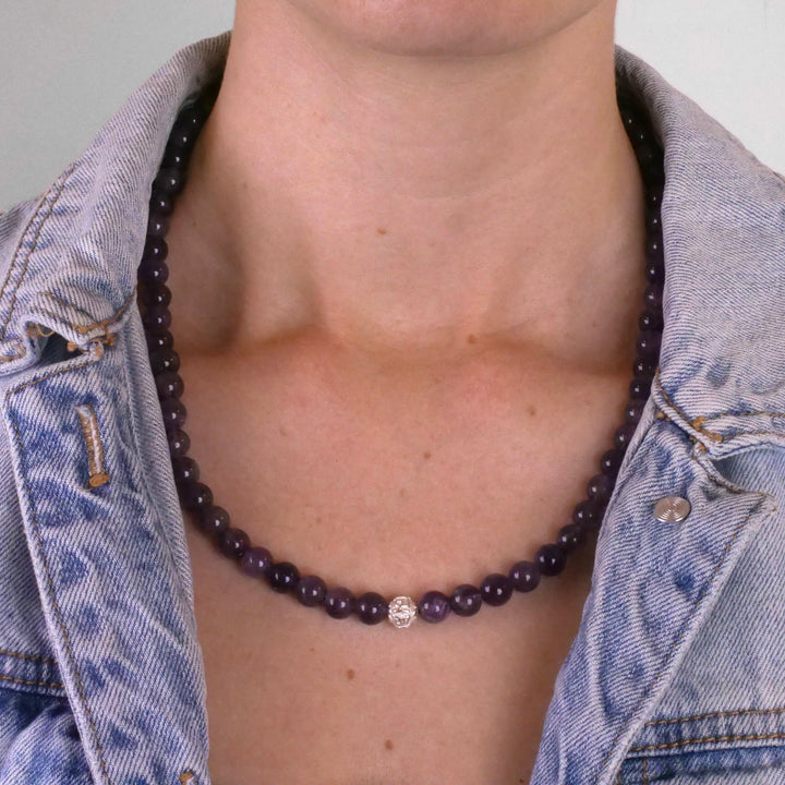 Amethyst Natural Stone Necklace with Mantra Silver Pearl
