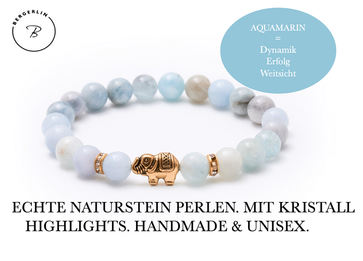 Aquamarin Naturstein Elefanten Perlen Armband