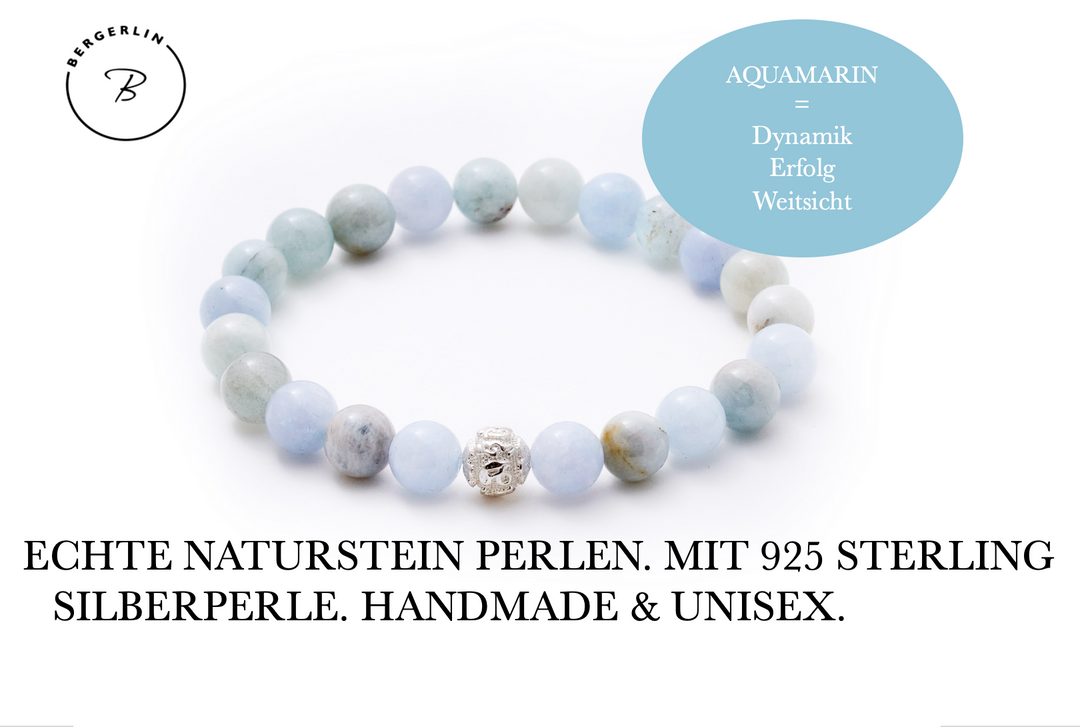 Aquamarin Naturstein Perlen Armband mit Silberperle