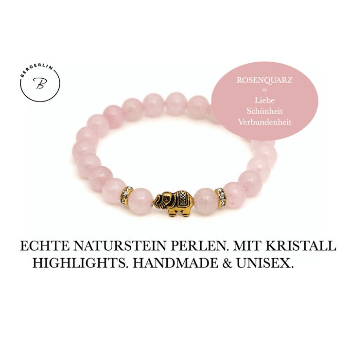 Rosenquarz Naturstein Elefanten Perlen Armband (farbverbessert) und Quarzit (farbl. behandelt)