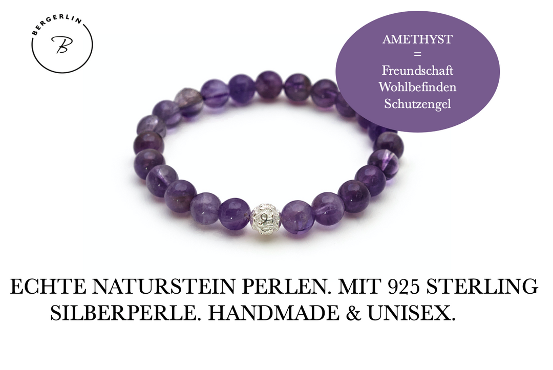 Amethyst Naturstein Perlen Armband mit Silberperle