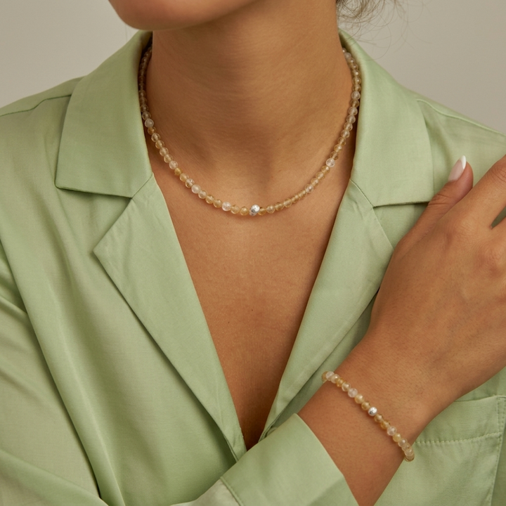 Citrin Duo Set – Armband mit Silberperle + Citrin Halskette