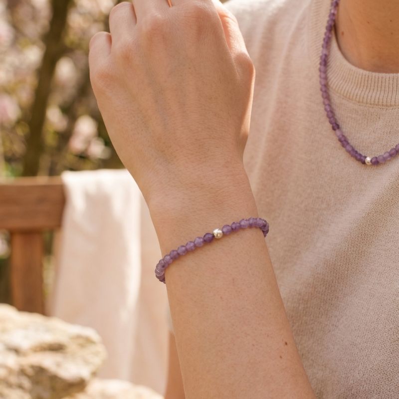 Amethyst Bracelet with Silver Bead + Amethyst Necklace