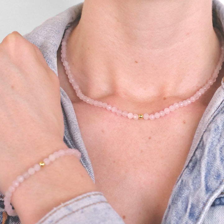 Rosenquarz Naturstein Perlen Halskette mit Verschluss (Quarzit, farblich beh.)