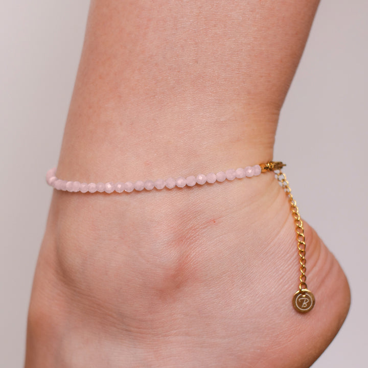 Rosenquarz Naturstein Perlen Fußkette mit Verschluss (Quarzit, farblich beh.)