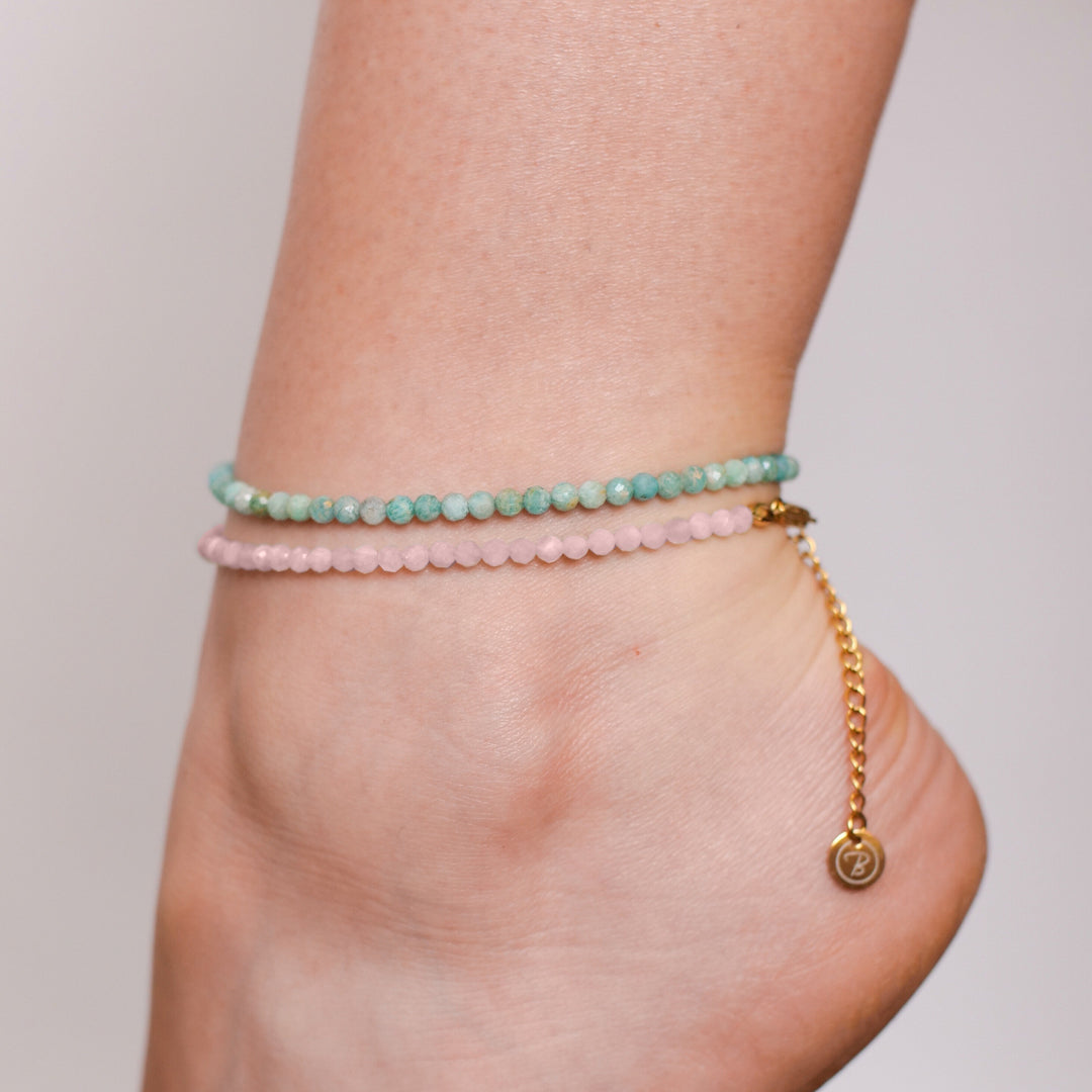Rosenquarz Naturstein Perlen Fußkette mit Verschluss (Quarzit, farblich beh.)