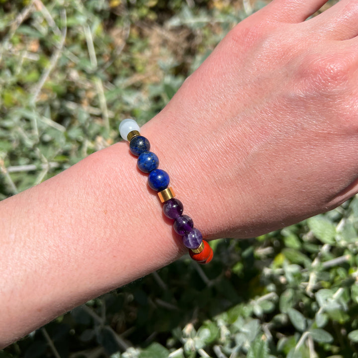 7 Chakra Natural Stone Pearl Bracelet  with 7 golden spacers