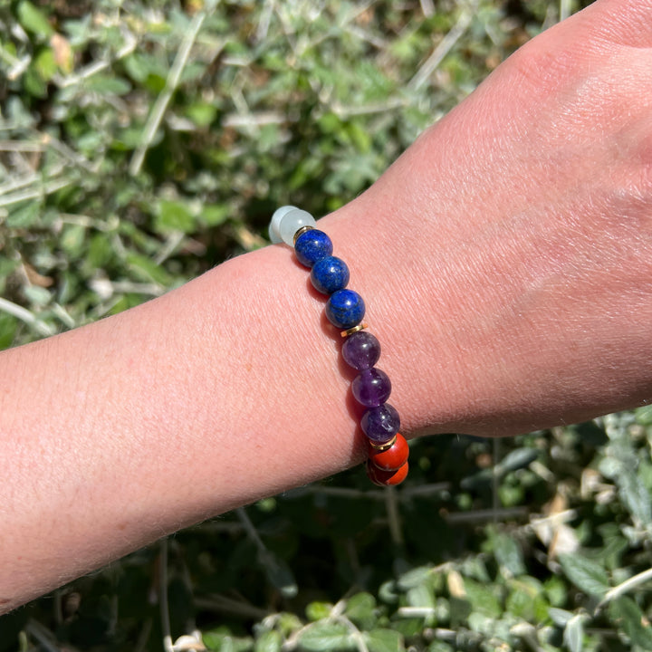 7 Chakra Natural Stone Pearl Bracelet  with 7 golden spacers