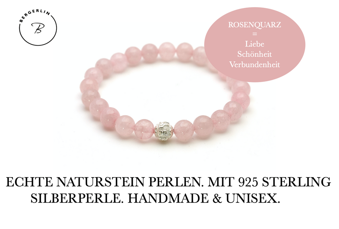 Rosenquarz Naturstein Perlen Armband mit Silberperle