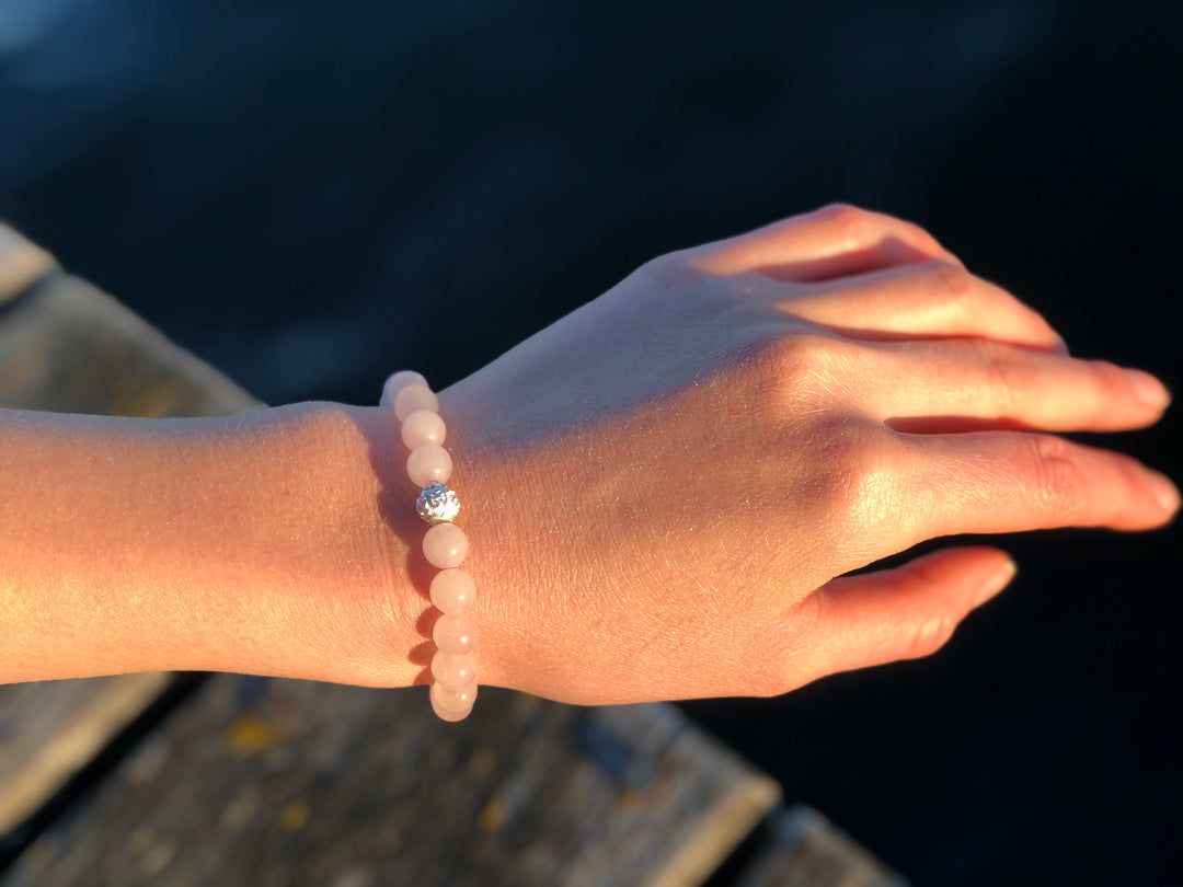 Rosenquarz Naturstein Perlen Armband mit Silberperle
