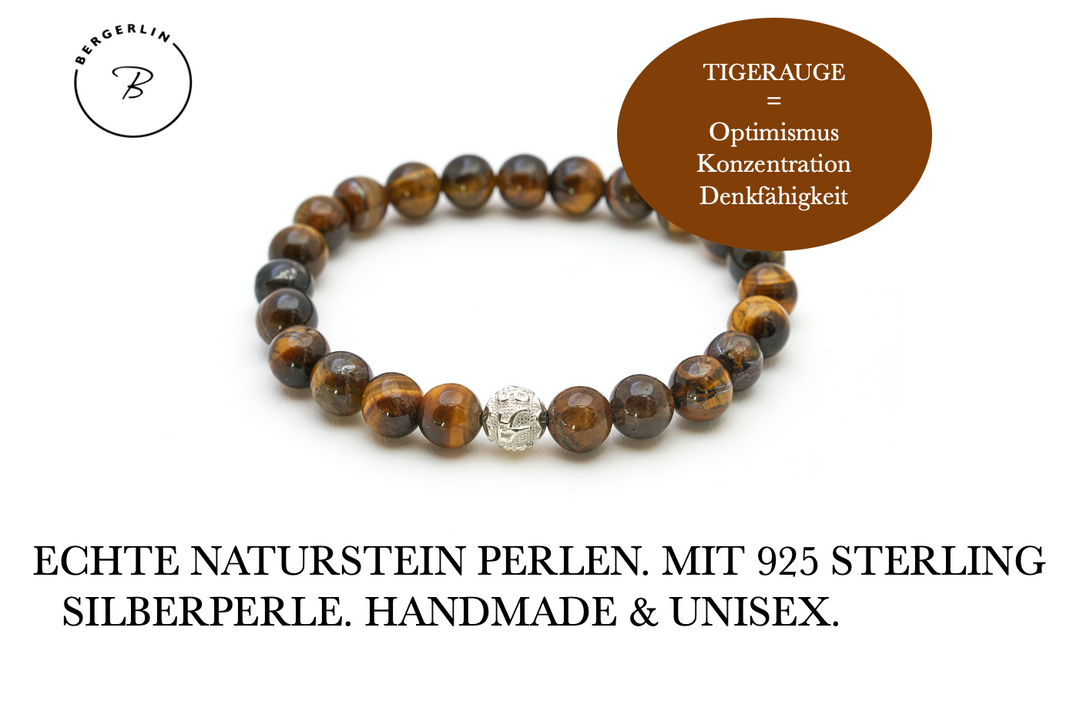 Tigerauge Naturstein Perlen Armband mit Silberperle