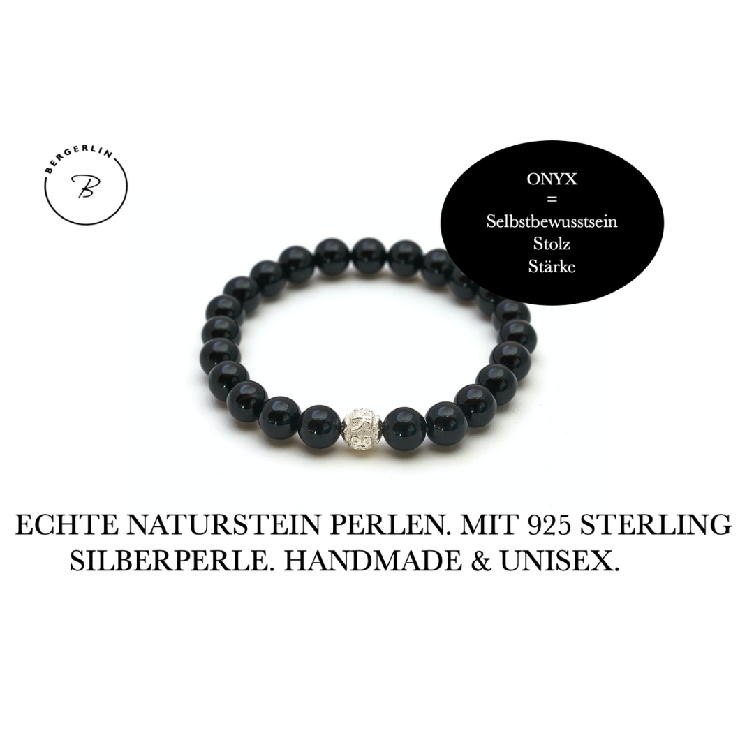 Onyx Naturstein Perlen Armband mit Silberperle (Achat farblich beh.)